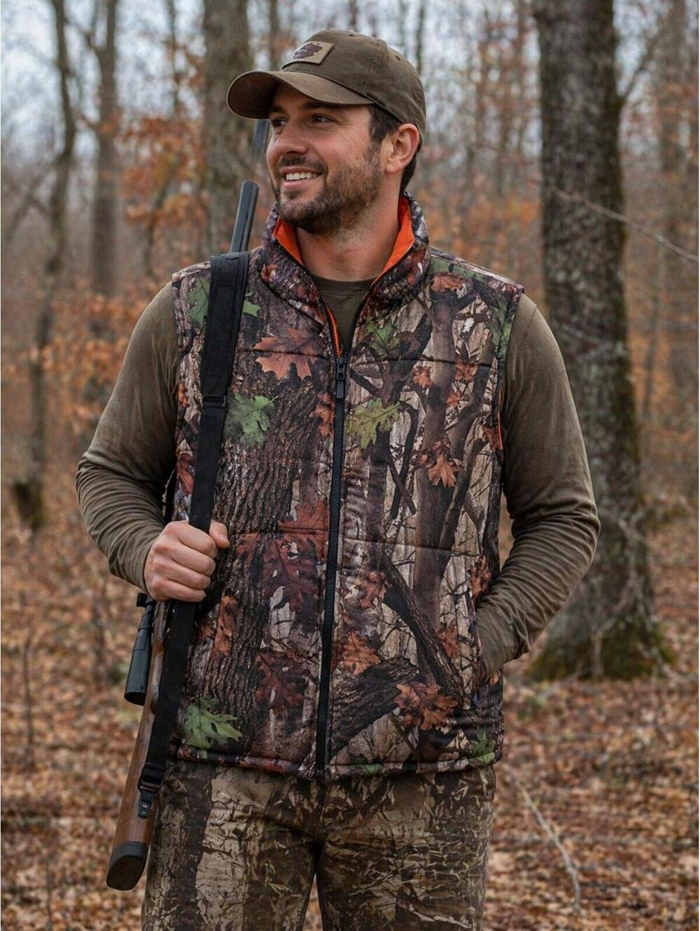 Camo Reversible Puffer Blaze Orange Hunting Vest Zip Up Pockets Warm